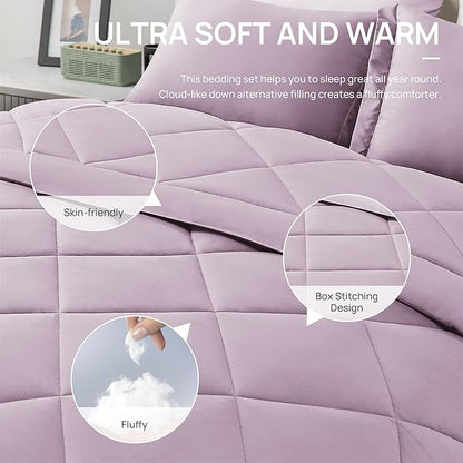 Love's cabin Twin XL Comforter Set Light Purple, 5 Pieces Twin XL Bed in a Bag, All Season Bedding Sets with 1 Comforter, 1 Flat Sheet, 1 Fitted Sheet, 1 Pillowcase and 1 Pillow Sham
