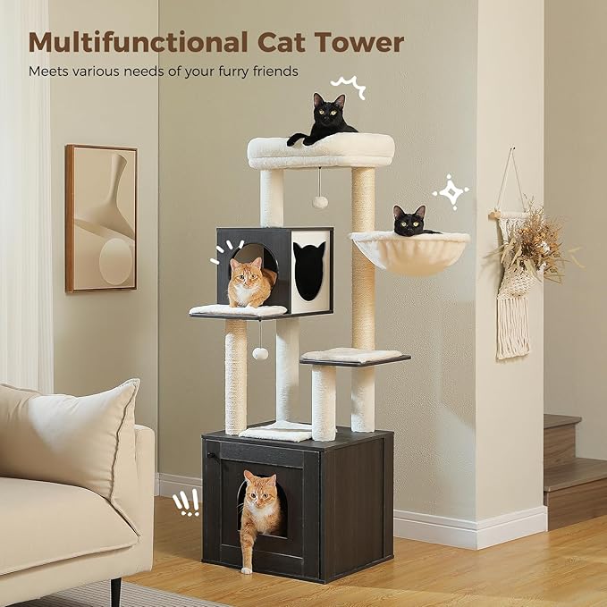 PEQULTI 57.5" Cat Tree with Litter Box Enclosure Large, Wood Cat Tower for Indoor Cats with Storage Cabinet and Cozy Cat Condo, Sisal Covered Scratching Post and Repalcable Dangling Balls, Black-Mewly Pet