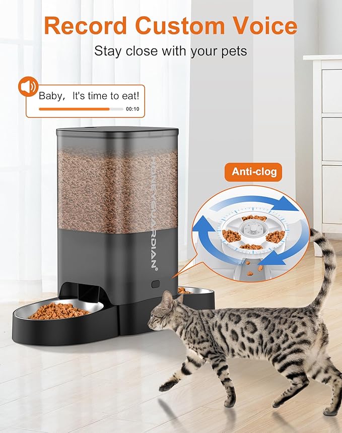 HoneyGuaridan 5L Automatic Cat Feeder for Two Cats, 5G WiFi Smart Feed Pet Feeder with Stainless Steel Bowl,APP Control Dispenser, Dual Power Supply,Desiccant Bag,10s Meal Call Black-Mewly Pet