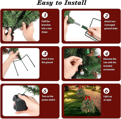 Lewondr Set of 2 Prelit Pathway Christmas Trees, 27.56" Outdoor Christmas Tree with 50 LED Lights, Pine Cones Red Berries, Battery Operated Outdoor Xmas Decor for Yard Home Porch, Green