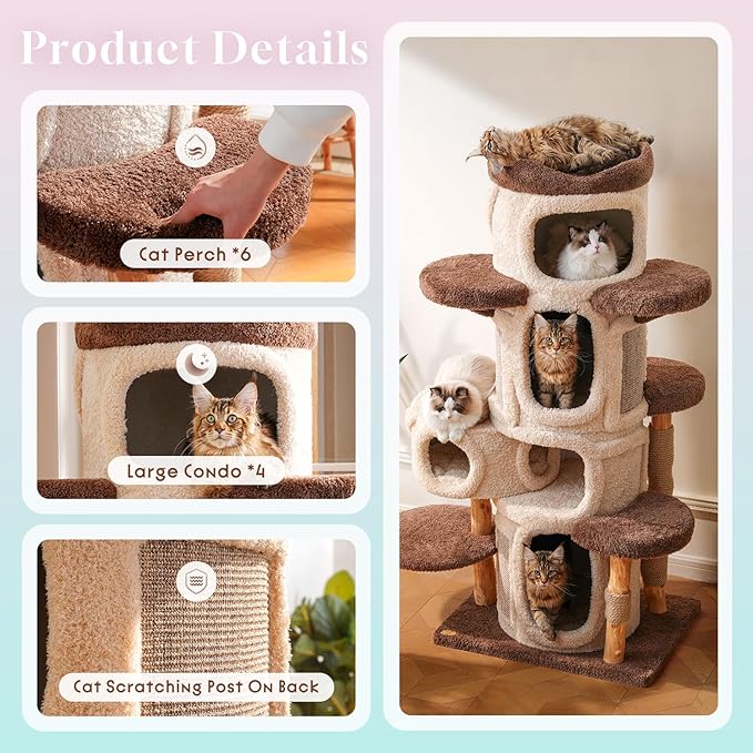 70" Heavy Duty Cat Tree for Large Cats with Toys, All-in-One Cat Tower with Cat Perch, Tall Cat Tower with Scratching Post, Brown Modern Cat House-Mewly Pet