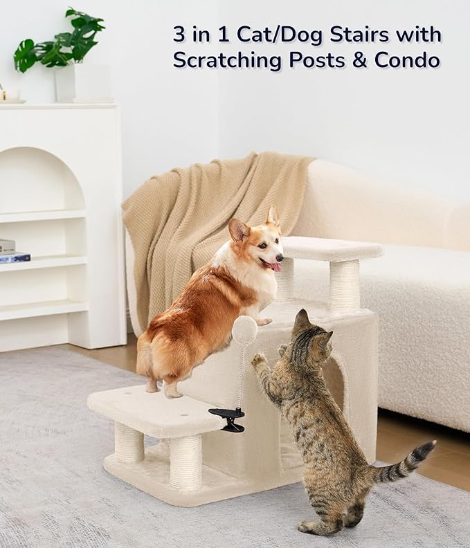 Happi N Pets Dog Stairs with Cat Scratching Post & Large Condo, Stable Pet Steps for High Beds Couch, 3 Combinations Cat Ramp Tree Tower for Cats or Small Dogs, Removable Cushion & Bonus Toy, Beige-Mewly Pet