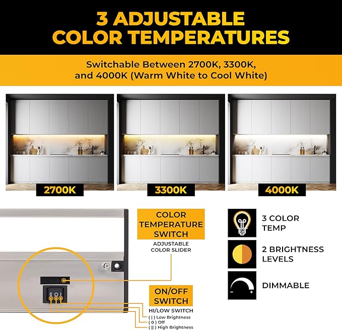 LED Under Cabinet Lighting Hardwired - 3CCT 9 Inch Satin Finish - Undercabinet Lights for Kitchen - Linkable Undercounter Dimmable Plug in Light or Hard Wired - Under Counter Fixture Direct Wire