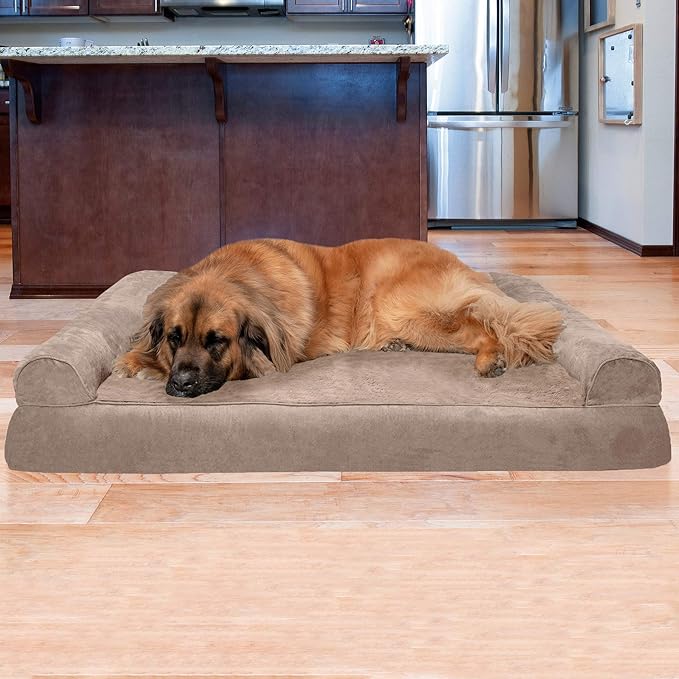 Furhaven Orthopedic Dog Bed for Large Dogs w/ Removable Bolsters & Washable Cover, For Dogs Up to 125 lbs - Plush & Suede Sofa - Almondine, Jumbo Plus/XXL-Mewly Pet