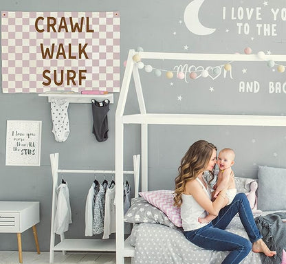Nursery Rectangular Canvas Banner-Boho Flag Wall Sign Decor for Baby Boy Girl Kid,Baby Room Above Crib Playroom Reading Room Bedroom Decor-Crawl Walk Surf Theme-Baby Shower Birthday Christmas Gift