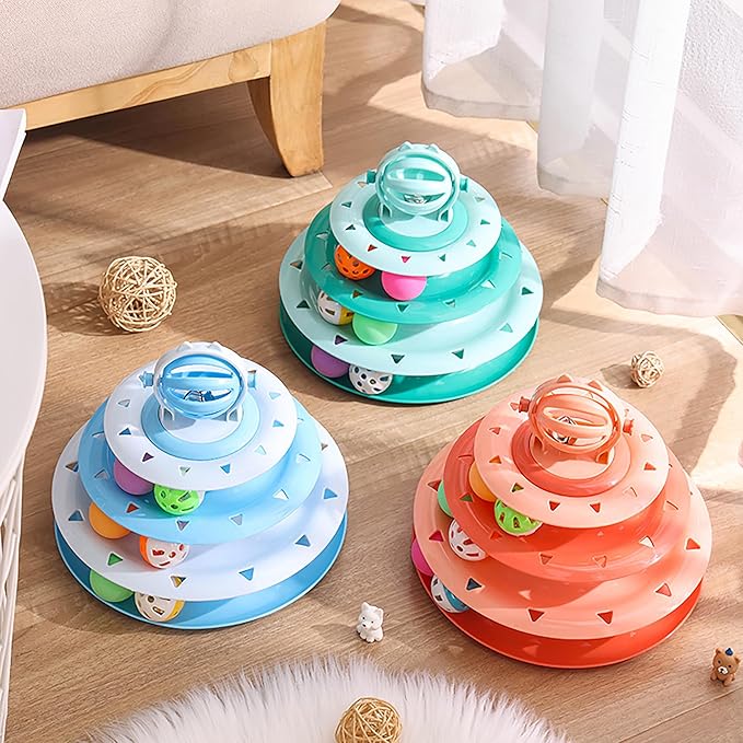 Vealind Cat Toy Roller 4-Level Turntable Cat Toys Balls with Colorful Pom Pom Balls Interactive Fun Mental Physical Exercise Puzzle Kitten Toys (Green)-Mewly Pet