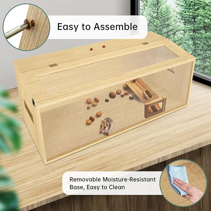 Large Hamster Cage 40", Top Opening Lockable Roof, Gerbil Cage with Ventilation Window, Dwarf Hamster Cages and Habitats, Chewproof Syrian Hamster Habitat Enclosure, (Wooden, 40" L x 16" W x 16" H)-Mewly Pet