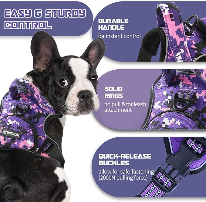 No Pull Dog Harness for Medium Dogs, Adjustable No Choke Pet Vest with Dog Leash Fit Smart Reflective Pet Walking Harness for Training Easy Control Soft Handle Purple Camo M-Mewly Pet