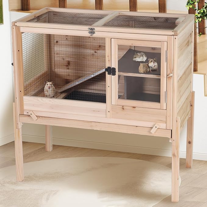 AIVITUVIN Wooden Guinea Pig Cage Indoor with Cooling Plate and Anti-Chewing Edges Two-Story Rabbit Hutch Pull Out Tray Outdoor Rabbit Cage with Raised Stand and Wire Mesh Small Animals Cage (Nature-Mewly Pet