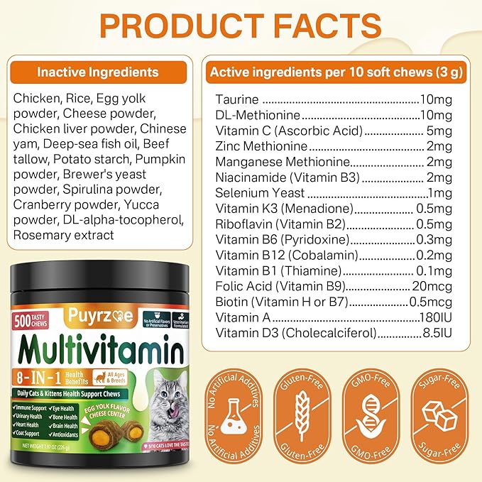 Cat Multivitamin - 500 Chews Crunchy & Creamy Cheese Core, Cat Vitamins + Taurine for 8-in-1 Support - Immune, Urinary, Heart, Skin & Coat, Eyes, Brain, Bone for Cats Kittens - Egg Yolk Flavor-Mewly Pet
