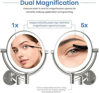 KIBI Circular Wall Mount Makeup Mirror with LED Lights, Dual-Sided 1x/5x Magnifying Mirror with Adjustable Arm, 360° Swivel, Solid Brass Construction for Durability and Style (Brushed Nickel, KMM101)