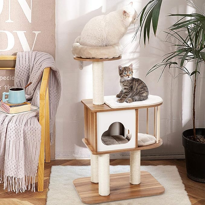 Tangkula Modern Wood Cat Tree, 46 Inches Cat Tower with Platform, Cat Activity Center with Scratching Posts and Washable Cushions, Wooden Cat Condo Furniture for Kittens and Cats (Natural)-Mewly Pet