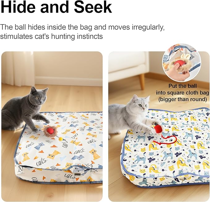 Interactive Cat Toys Ball - 2pcs Automatic Fast Rolling Ball in Play Mat, Hide and Seek Mouse Catching Game, Low-Noise Cat Enrichment Toys in Pouch for Indoor Bored Cats(Paw Print Pattern - Round)-Mewly Pet