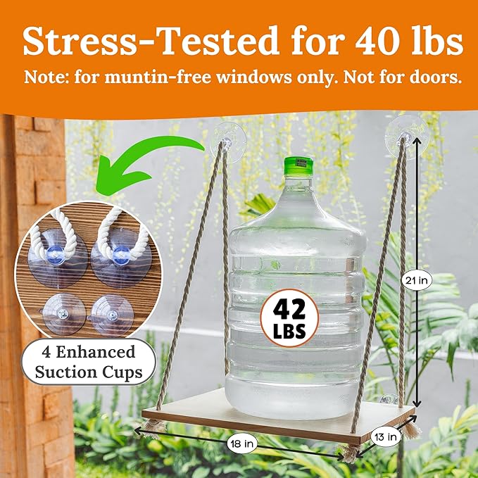 Cat Window Perch - Hammock Bed for Cats Inside - Solid Wood Seat, 4 Strong Suction Cups, Soft Cushion - Rustic Indoor Pet Shelf-Mewly Pet