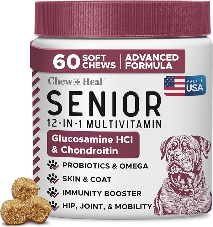 12-in-1 Multivitamin for Senior Dogs - 60 Senior Dog Vitamin and Supplement Soft Chews for Hip and Joint - Advanced Formula with Glucosamine, Omega 3,6,9, Vitamins, Probiotics - Made in The USA-Mewly Pet