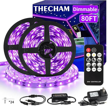 80ft Black Lights Strip with Remote, 1440 LEDs, 12V Flexible Blackights for Glow Party, Adjust Brightness, Delay Off, 3 Light Modes, Indoor Fluorescent Party, Stage Lighting