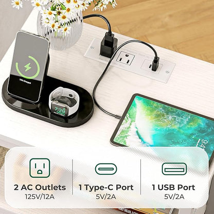 Huuger Nightstands Set of 2, 27.6 Inch End Tables with Charging Station, Bedside Tables with Drawers, PU Leather Finish, USB Port and Outlet, Night Stands for Bedroom, White