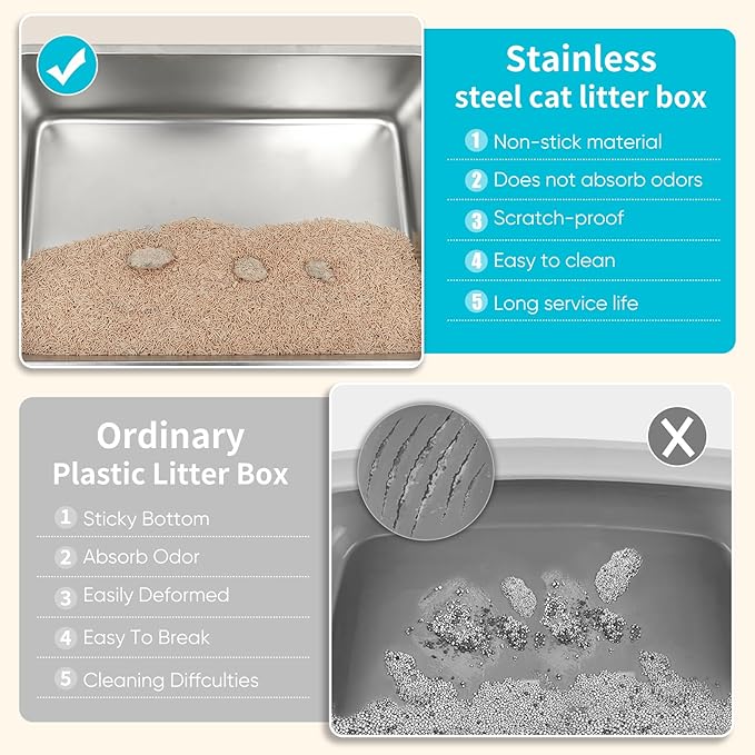 XL Stainless Steel Cat Litter Box with High Sided Lid for Big Cats, 23.5"L x 15.5"W x11.8"H, Metal Kitty Litter Tray with Scoop and Filter Pedal, Leak-Proof,Odorless,Non-Stick,Easy Cleaning-Mewly Pet
