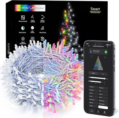 BrizLabs Smart Christmas String Lights,115FT 300 LED Color Changing Christmas Lights App & Voice Control, Cool White & Multicolor Mini Light String, Music Sync Xmas Tree Light for Indoor Outdoor Decor