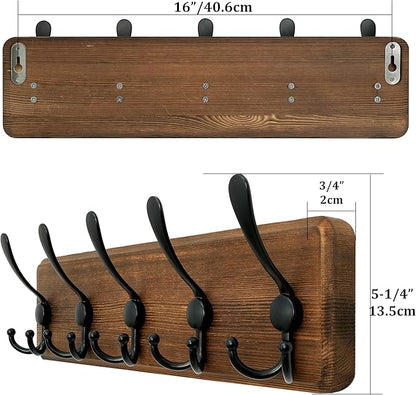 WEBI Rustic Coat Rack Wall Mount,Solid Wood Coat Hooks Wall Mounted Coat Hanger,16" Hole to Hole,Hook Rack Rail,5 Triple Hooks for Hanging Coats,Jacket,Clothes,Brown