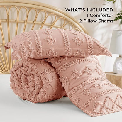 Bedsure Tufted Boho Comforter Set King Size - Pink Boho Bed Set, GentleSoft™ 3 Pieces Farmhouse Shabby Chic Embroidery Bedding, Gifts for Woman, Soft Jacquard King Comforter for All Seasons