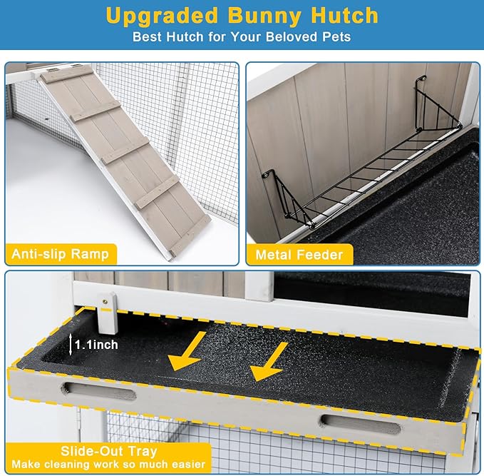 48" L Rabbit Hutch Outdoor Indoor Bunny Hutch Weatherproof, 2-Story Wood Rabbit Cage with Deep Tray, Chew-Resistant Ramp, UV Roof, Bunny House for Small Animal, Expandable Guinea Pig Cage-Mewly Pet