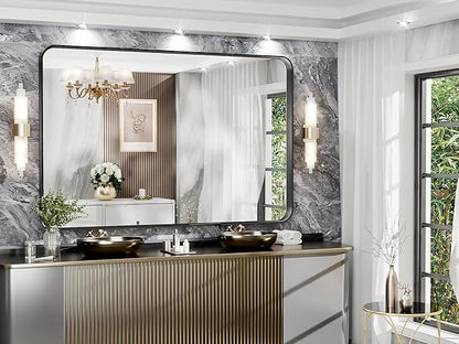Hasipu Black Bathroom Wall-Mounted Mirror 59x39 Inch Rounded Rectangle Vanity Mirror Metal Framed Wall Mirrors Anti-Rust Surface Mount (Hangs Horizontal or Vertical)