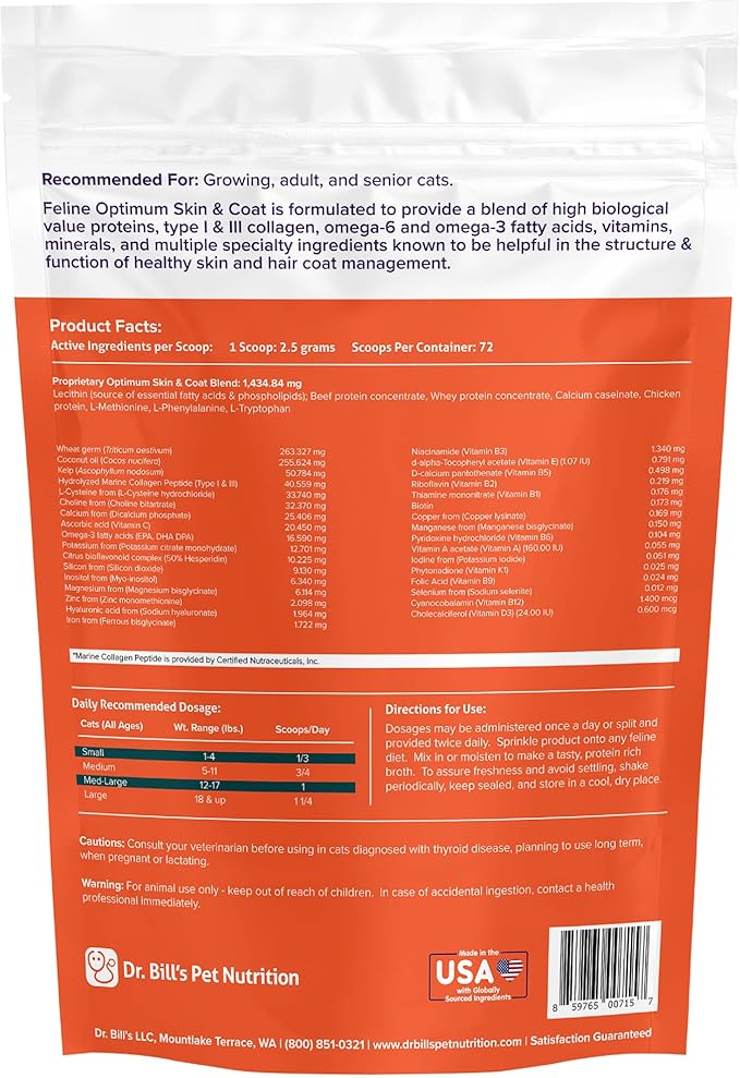 Dr. Bill’s Feline Optimum Skin & Coat – Fish Oil Omega-3 Fatty Acids for Cats Healthy Fur | Reduce Shedding and Hairballs with Biotin, Type I & III Marine Collagen, Hyaluronic Acid, & Folic Acid-Mewly Pet