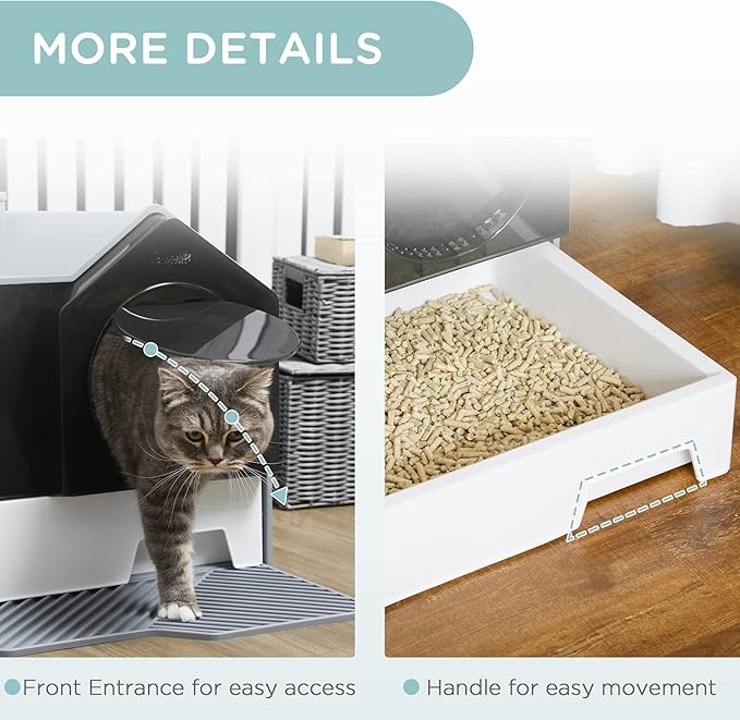 PawHut Hooded Cat Litter Box with Kitty Litter Mat, Kitty Litter Pan with Odor Control, Easy-Clean Pull-Out Drawer, Handle, Scoop, Gray-Mewly Pet