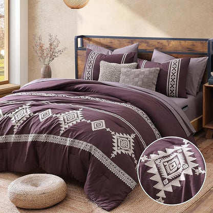MaiRêve Embroidery King Size Comforter Set Purple, Boho Farmhouse Western Bedding Set 7 Pieces, All Season Bed in A Bag Comforter Set with Sheets, Pillowcases & Shams