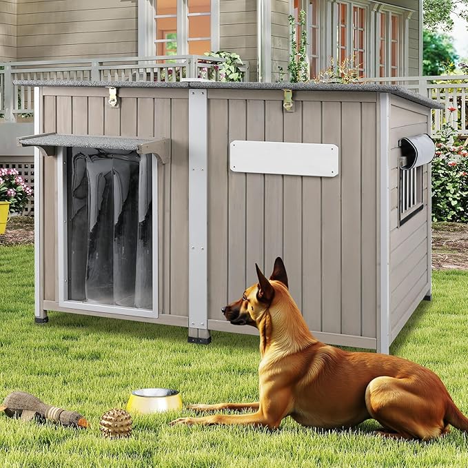 Weatherproof Outdoor Dog House, Wooden Puppy Shelter with Anti-Chewing Iron Frame and Elevated Floor, Sturdy Dog Kennel for Small, Medium & Large Dogs, Grey (Gray, 51" L x 29" W x 32" H)-Mewly Pet