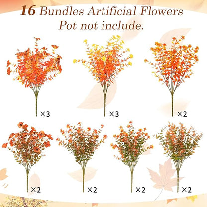 Artificial Fake Mums Flowers Plants for Outdoors Autumn Fall Decoration,16 Bundles Faux mums Mix Silk Glory UV Sun Resistant, Realistic Fall Flowers for Planter Porch Patio Yard Balcony Home Decor