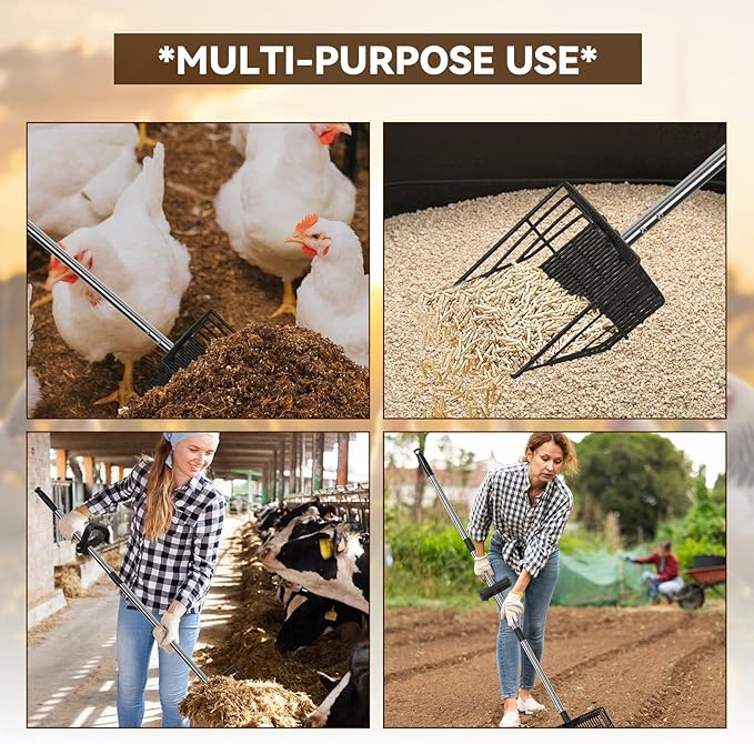 2 in 1 Chicken Poop Scooper Rake , 2 Rakes and 4 Sections Adjustable Stainless Steel Handle 37.4 - 68.9 Inch, Litter Scoop Chicken Coop Scoop for Animal Farm and Poultry Habitats with Gloves-Mewly Pet