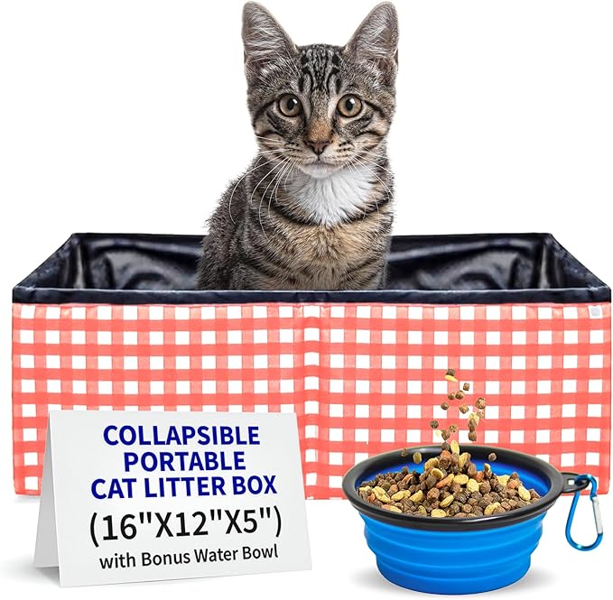Pet Fit For Life - Vibrant Collapsible Travel Cat Litter Box - Portable, Foldable, Compact Design with Bonus Water Bowl - Ideal for Car & Camping - Reusable, Cats Safe - Coral, (16"x12"x5")-Mewly Pet
