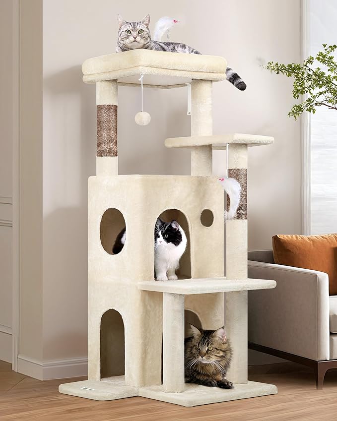 Globlazer Cat Tree Tower for Indoor Cats, 50-inch Adult Cat Tree House for Large Adult Cats with Steps, Scratching Post, 2 Cat Caves, Dangling Toys, FC50, Beige-Mewly Pet