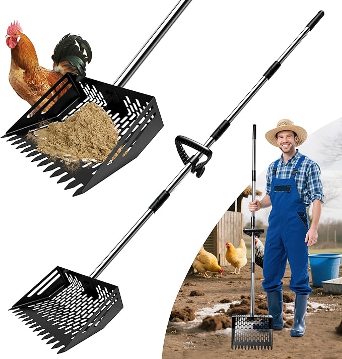 Chicken Poop Scooper - Metal Sifting Shovel & Rake 2-in-1 with Adjustable Stainless Steel Handle (37"-65"), Sand Shovel for Chicken Coops, Farm Animal Waste-Mewly Pet
