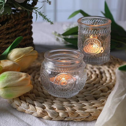12pcs Clear Assorted Votive Candle Holders for Table Centerpieces, Glass Tea Lights Candle Holder for Wedding Decorations, Vintage Boho Home Tea Party Decor, Sunflower Decorations