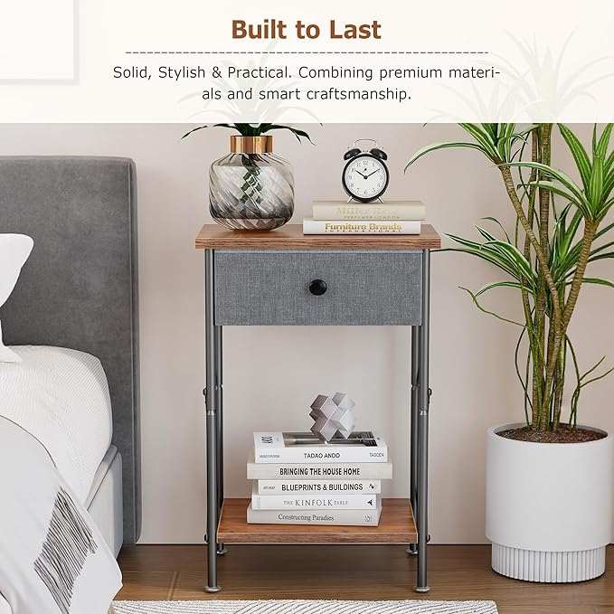 VECELO Nightstand with Drawer, Small Bedside Table with Storage and Adjustable Metal Legs, Wood End Table for Bedroom or Living Room, Perfect for Small Spaces and Modern Farmhouse Décor, Retro Brown