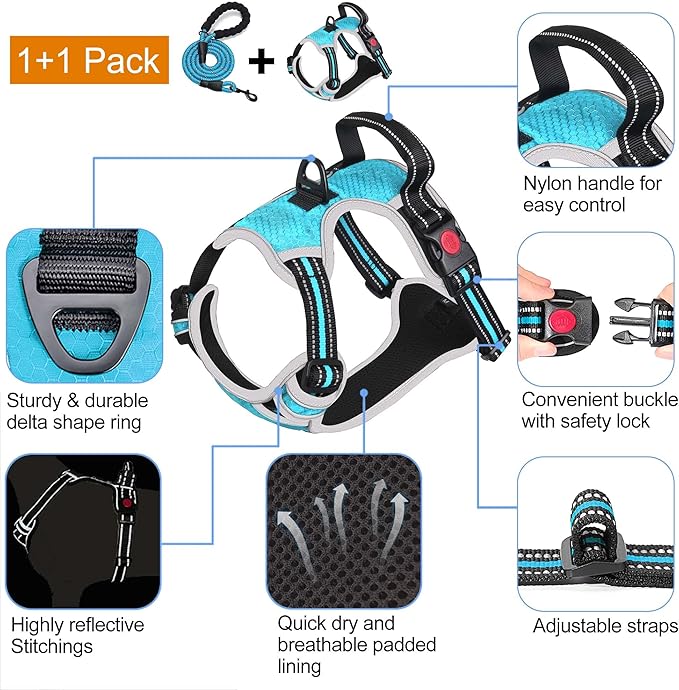 No Pull Dog Harness Adjustable Reflective Oxford Easy Control Medium Large Dog Harness with A Free Heavy Duty 5ft Dog Leash-Mewly Pet