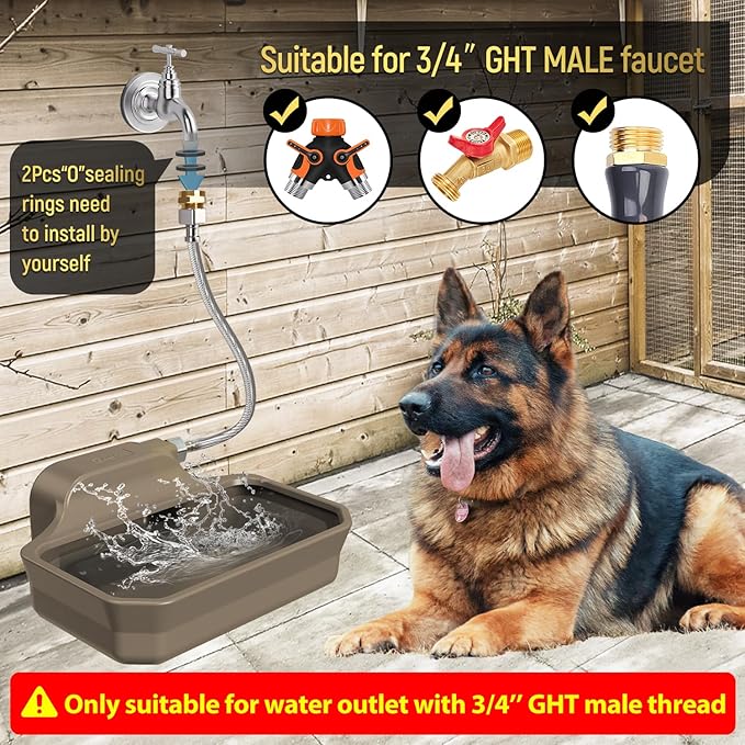 135OZ Automatic Water Dispenser for Dogs Patented Automatic Dog Water Bowl Fit 3/4'' GHT Male Faucet Outdoor Large Dog Water Bowl Include Water Hose Copper Connector Large Drinking Area Brown-Mewly Pet