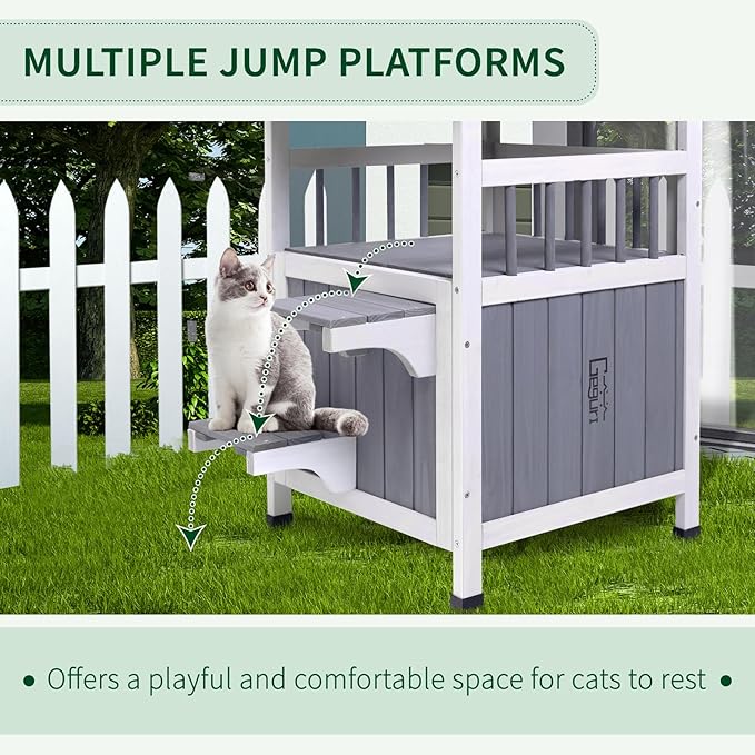 GEGURI Outdoor Cat House Weatherproof, Wooden Two-Story Feral Cat Shelter with, Escape Door, Balcony-Mewly Pet