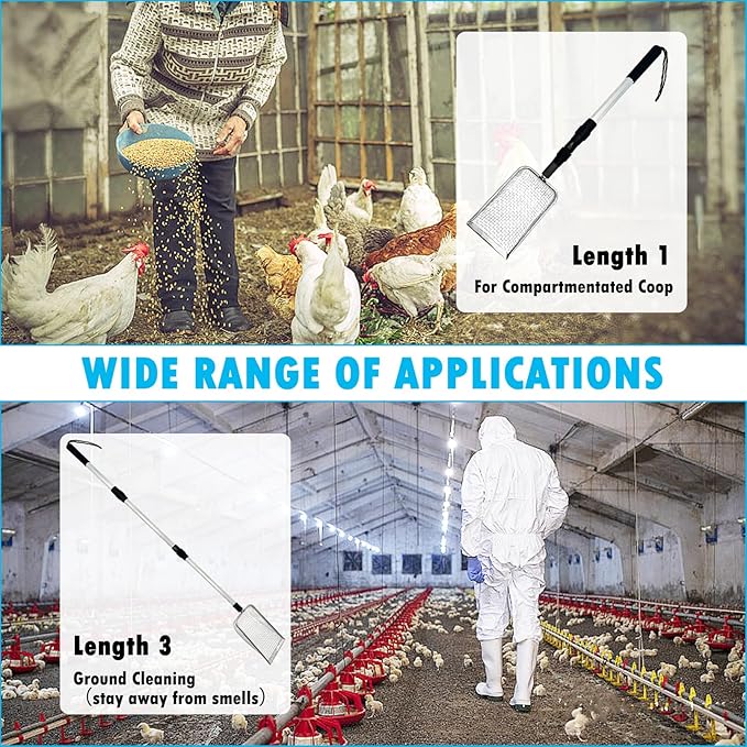 PINVNBY Stainless Steel Chicken Poop Scooper 3 in 1 Adjustable Long Handle Poop Scooper for Chicken(22.3" to 47.6") Multifunctional Chicken Coop Cleaning Tools Sifting Shovel Chicken Coop Accessories-Mewly Pet