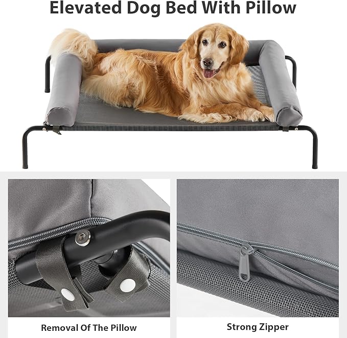 RRPETHOME Large Elevated Cooling Dog Bed, Raised Dog Cot Beds for Large Dogs, Elevated Outdoor Pet Cot, Chew Proof Portable Cooling Pet Cot with Skid-Resistant Feet and Breathable Mesh-Mewly Pet