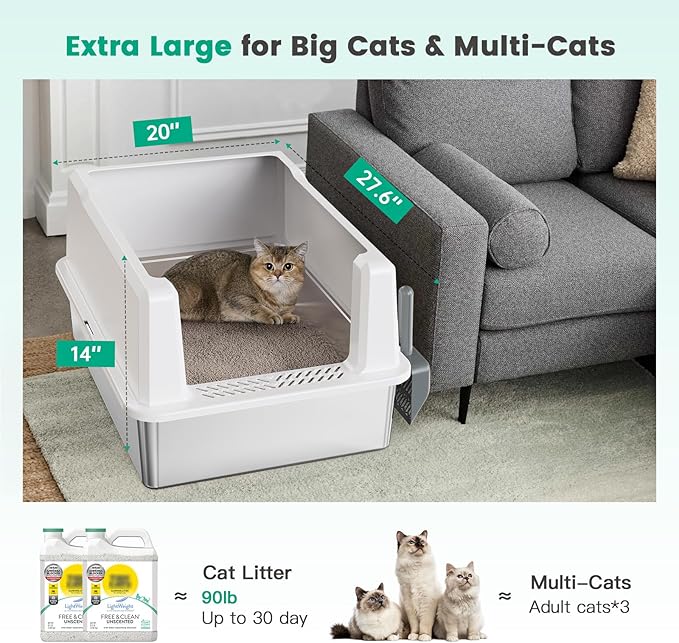 Tripamin XXL Stainless Steel Litter Box with High Sides 28"x20.5"x14" Extra Large Metal Litter Box for Big Cats&Multiple cat, Jumbo Top Entry Litter Pan with lid (White, XXX-Large)-Mewly Pet