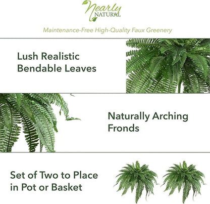 Nearly Natural 48-in Artificial Boston Fern, Set of 2, Large Hanging Fake Plant Wall Decor with 67 Fronds, Faux Fern Vines that Look Real for Home and Office Decor