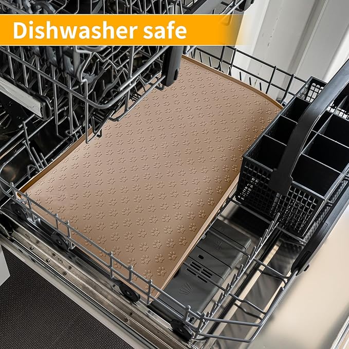 Ptlom Silicone Dog Food Mat Waterproof Pet Feeding Mat with High-Lips, Anti-Slip Dog Bowl Mat for Food & Water, Non-Spill Puppy Feeding Tray for Small, Medium & Large Dogs and Cats, Taupe-Mewly Pet