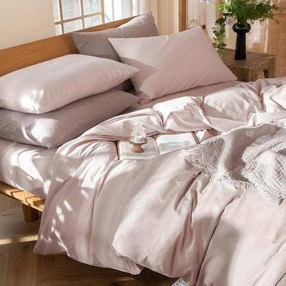 MooMee Bedding Duvet Cover Set 100% Washed Cotton Linen Like Textured Breathable Durable Soft Comfy (Heathered Greyish Pink, King 104"x90")