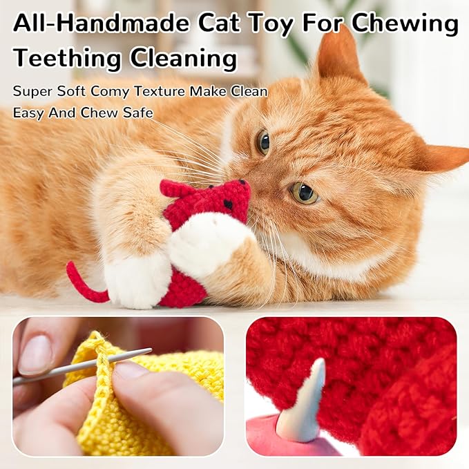 Retro Shaw Catnip Toys Crochet Mice Cat Toys,3 Pcs Yarn Cat Nip Mouse Animals Toy,Safe Teeth Cleaning Toy for Indoor Kittens-Mewly Pet