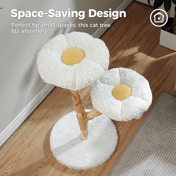 Wood Flower Cat Tree, Modern Cat Tower with Real Wood Branches, Luxury Boho Furniture with Scratching Post and 2 Perches, Cat Climbing Tower for Indoor Cats, Cloud White-Mewly Pet