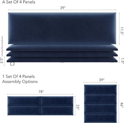 Vänt Upholstered Wall Panels - King/Cal King Size Wall Mounted Velvet Headboards - Velvet Navy - Twin/King - Set of 4 Panels (Each Individual Panel 39"x11.5")